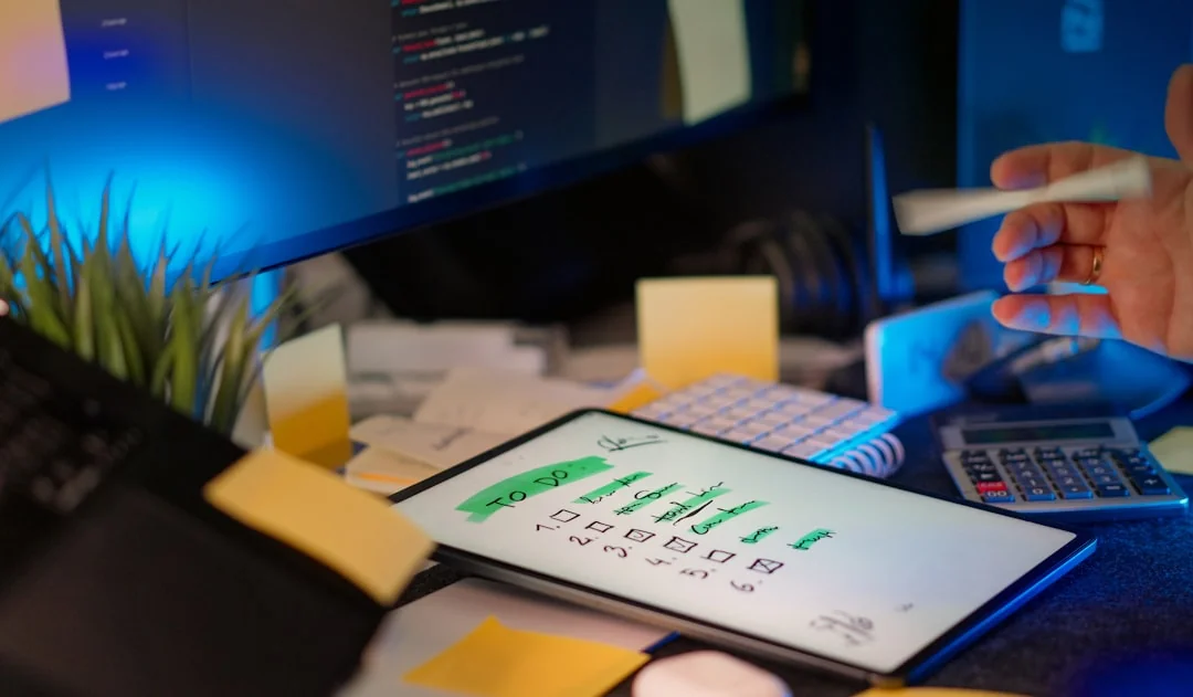 Hands holding a smartphone next to a laptop displaying stock charts, illustrating digital trading.